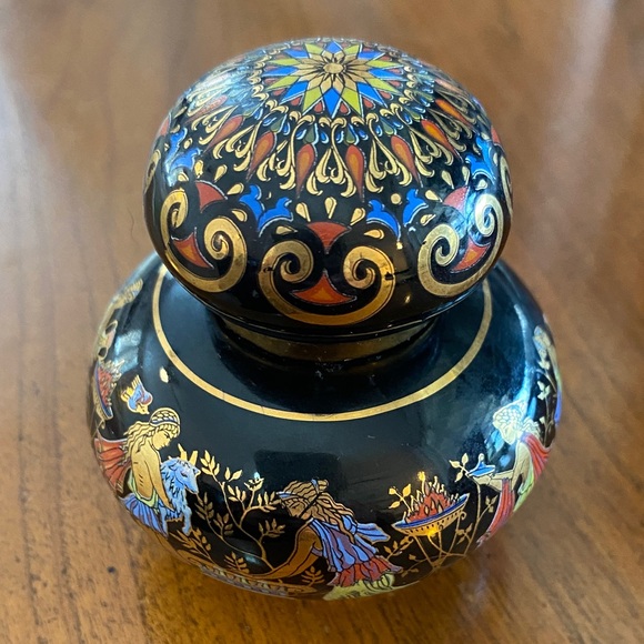 Greek mythology 24k trim Vintage Black and Gold Accent Jar with Colorful Motifs - Picture 2 of 11